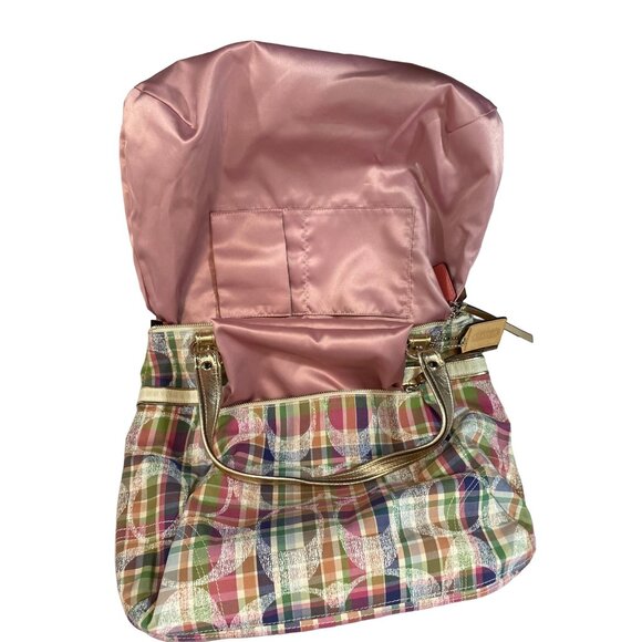 COACH Tote Shoulder Bag Poppy Multi Madras Signature Pastel Plaid Sequins - Picture 6 of 14